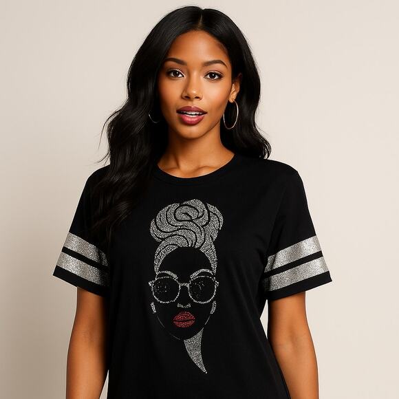 WHY Dress Black Rhinestone Graphic Face Tee Shirt Women’s XL Glam Sparkle - Picture 1 of 11